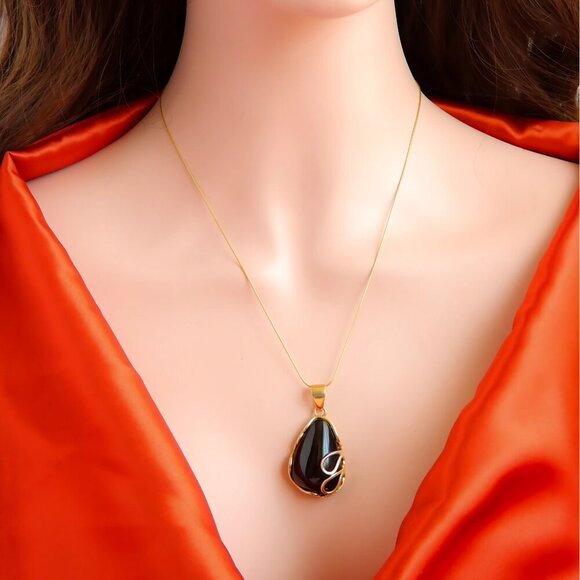 Baltic Black Amber Pendant Necklace in 14k Gold Plated s925 - Picture 6 of 7